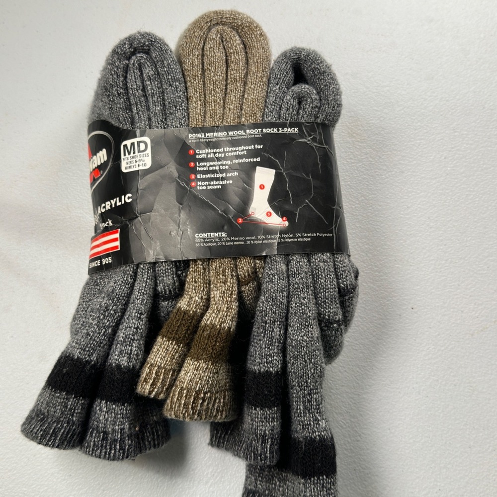 Wigwam Merino Wool Boot Socks 3-Pack Grey Tan Marl Heavyweight Cushioned MD